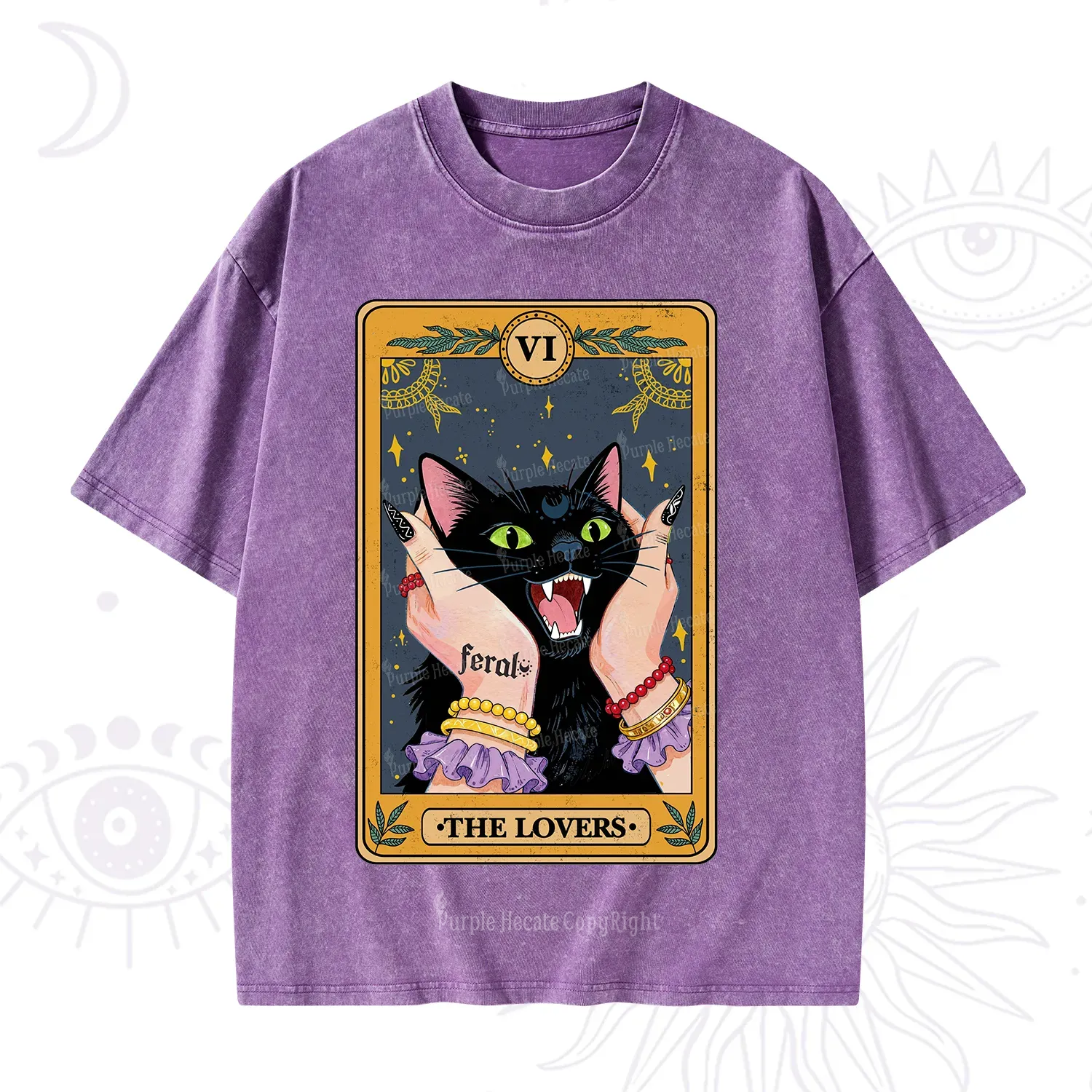 Purplehecate The Lovers Tarot Feral Cat Washed T-Shirt