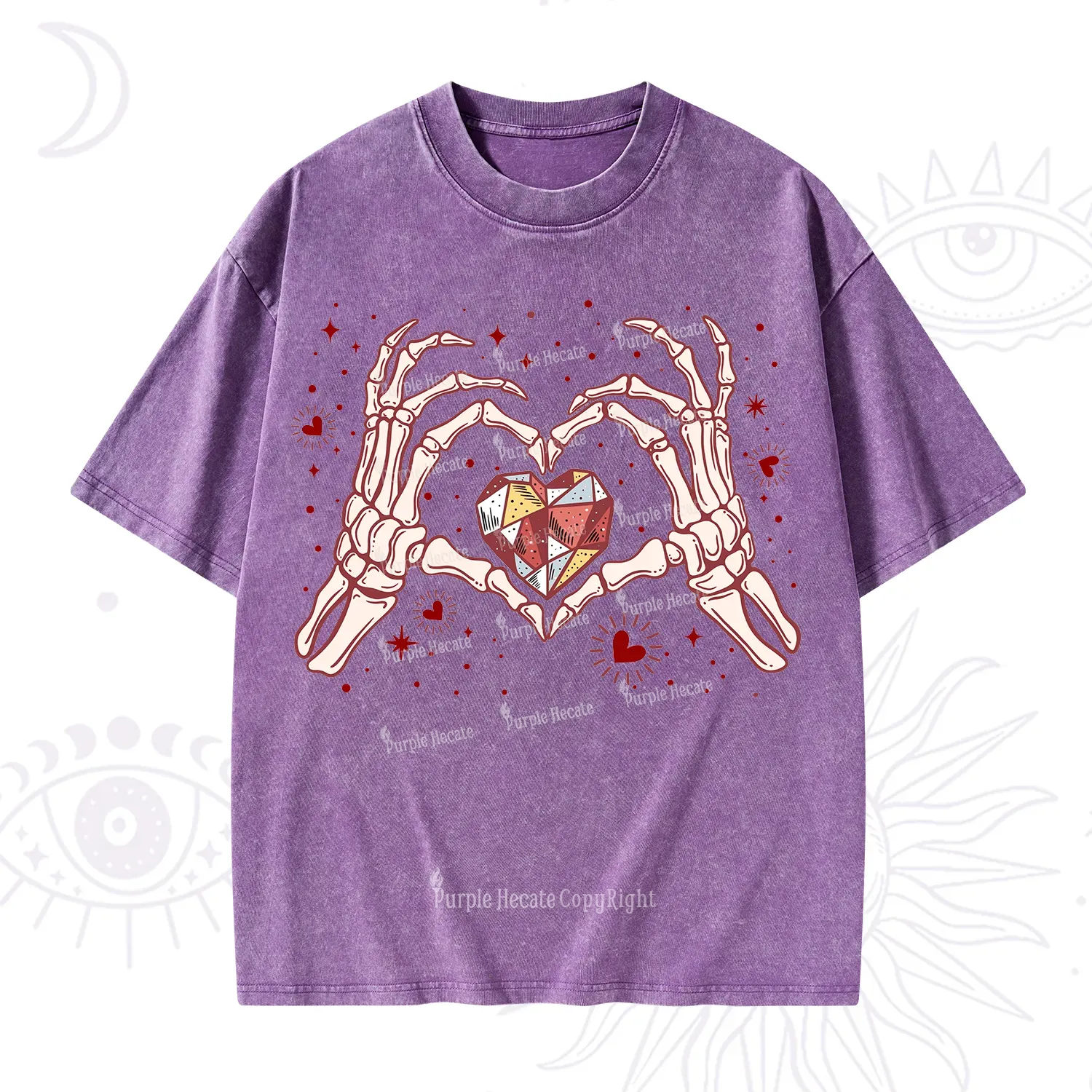 Purplehecate Skeleton Love Hands Valentine Washed T-Shirt