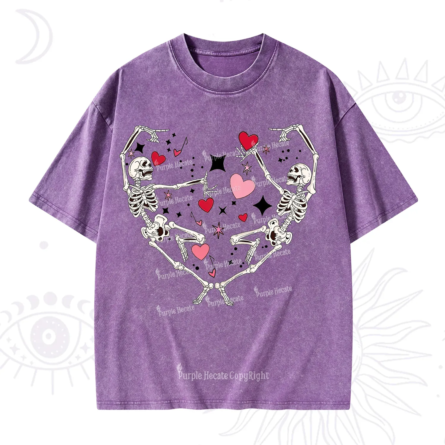 Purplehecate Skeleton Heart Lovers Valentine Washed T-Shirt
