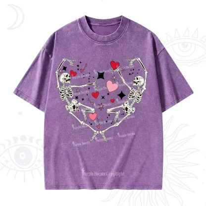 Purplehecate Skeleton Heart Lovers Valentine Washed T-Shirt