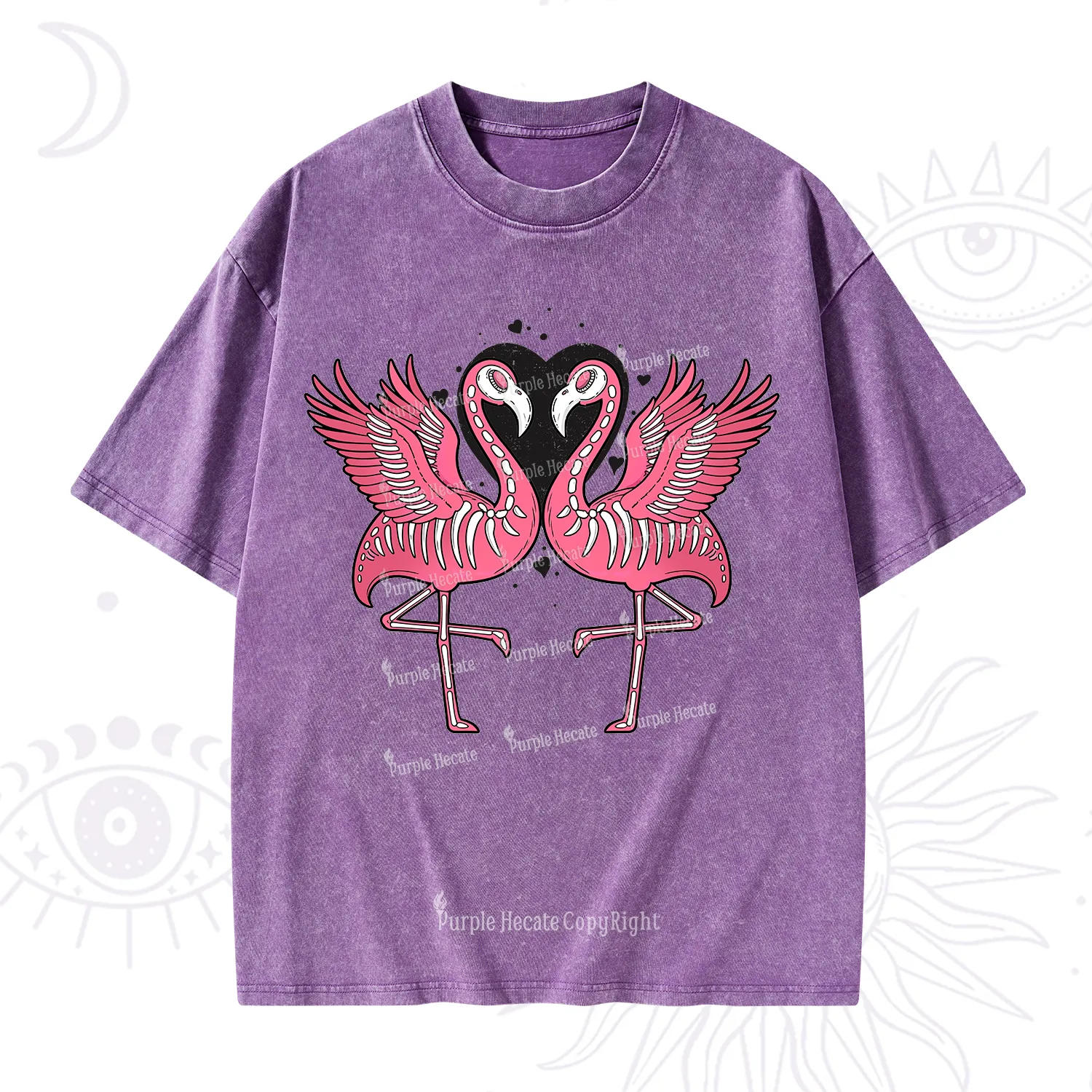 Purplehecate Witchy Pink Flamingo Skull Valentine Washed T-Shirt