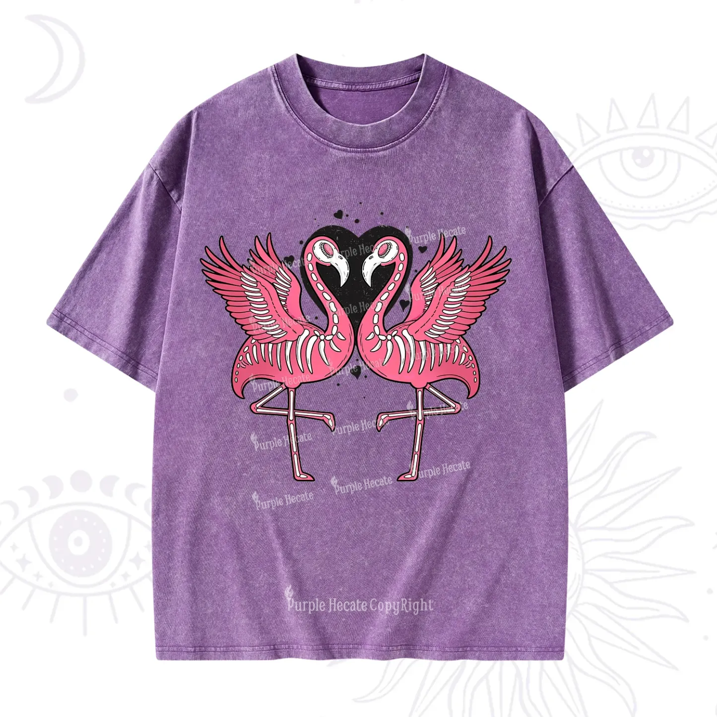 Purplehecate Witchy Pink Flamingo Skull Valentine Washed T-Shirt