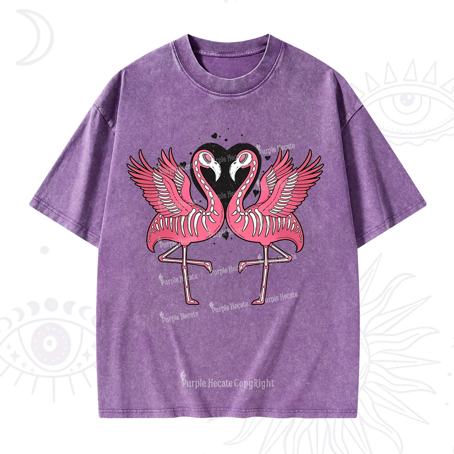 Purplehecate Witchy Pink Flamingo Skull Valentine Washed T-Shirt