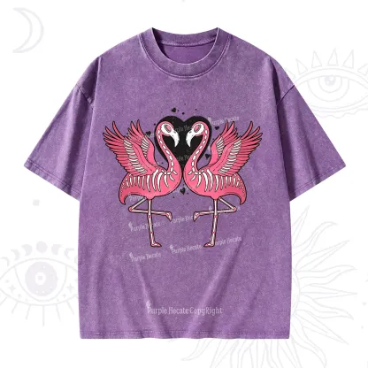 Purplehecate Witchy Pink Flamingo Skull Valentine Washed T-Shirt