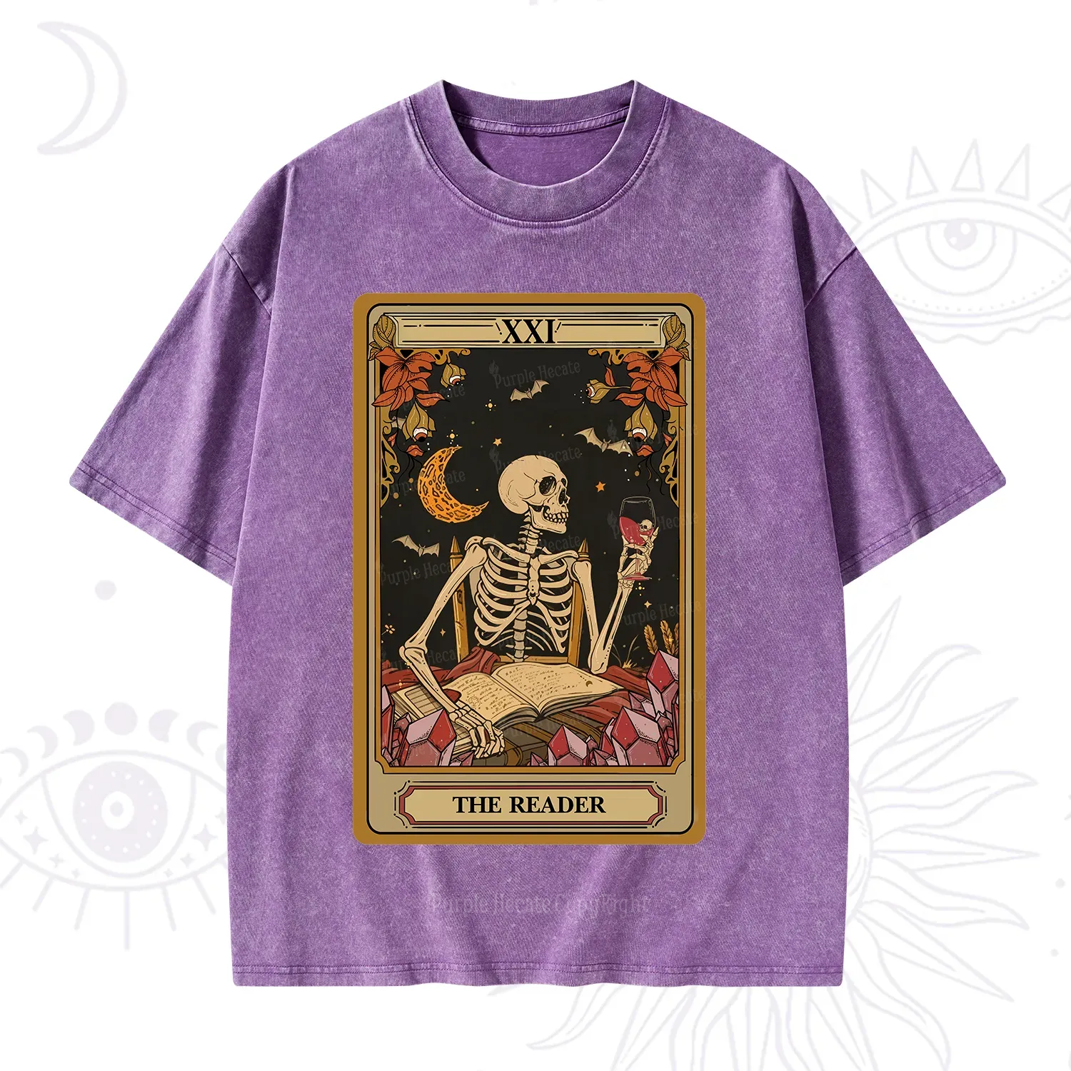 Purplehecate The Reader Tarot Skeleton Washed T-Shirt