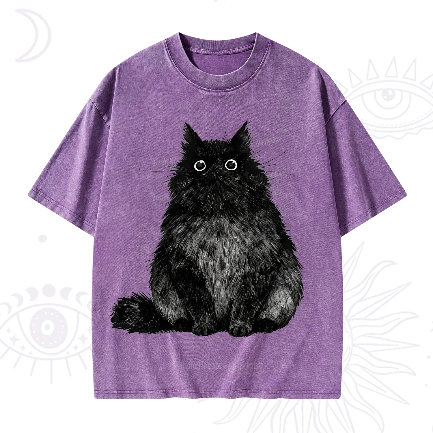 Purplehecate Cute Black Fluffy Cat Washed T-Shirt