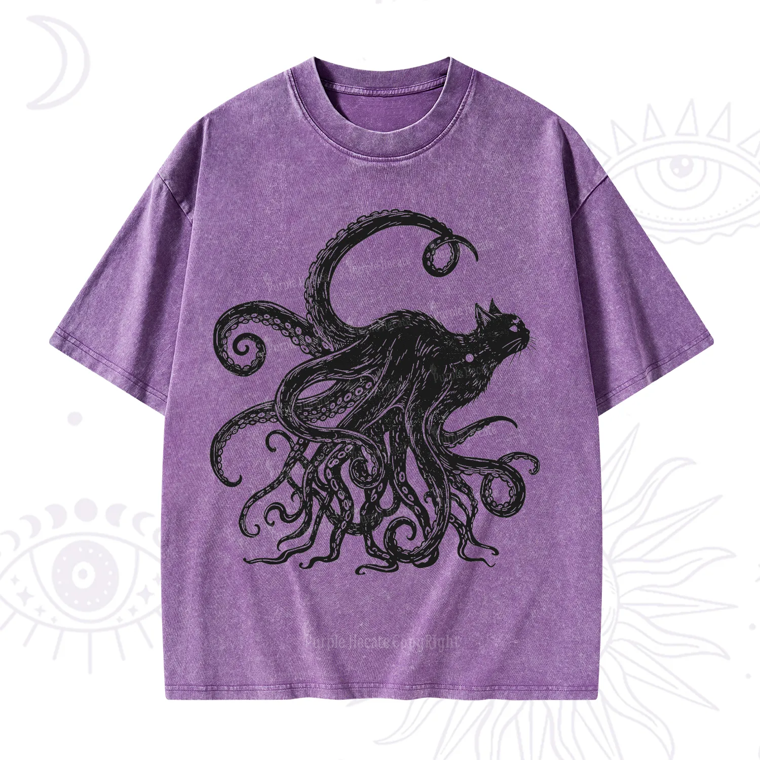 Purplehecate Black Cat with Octopus Tentacles Washed T-Shirt