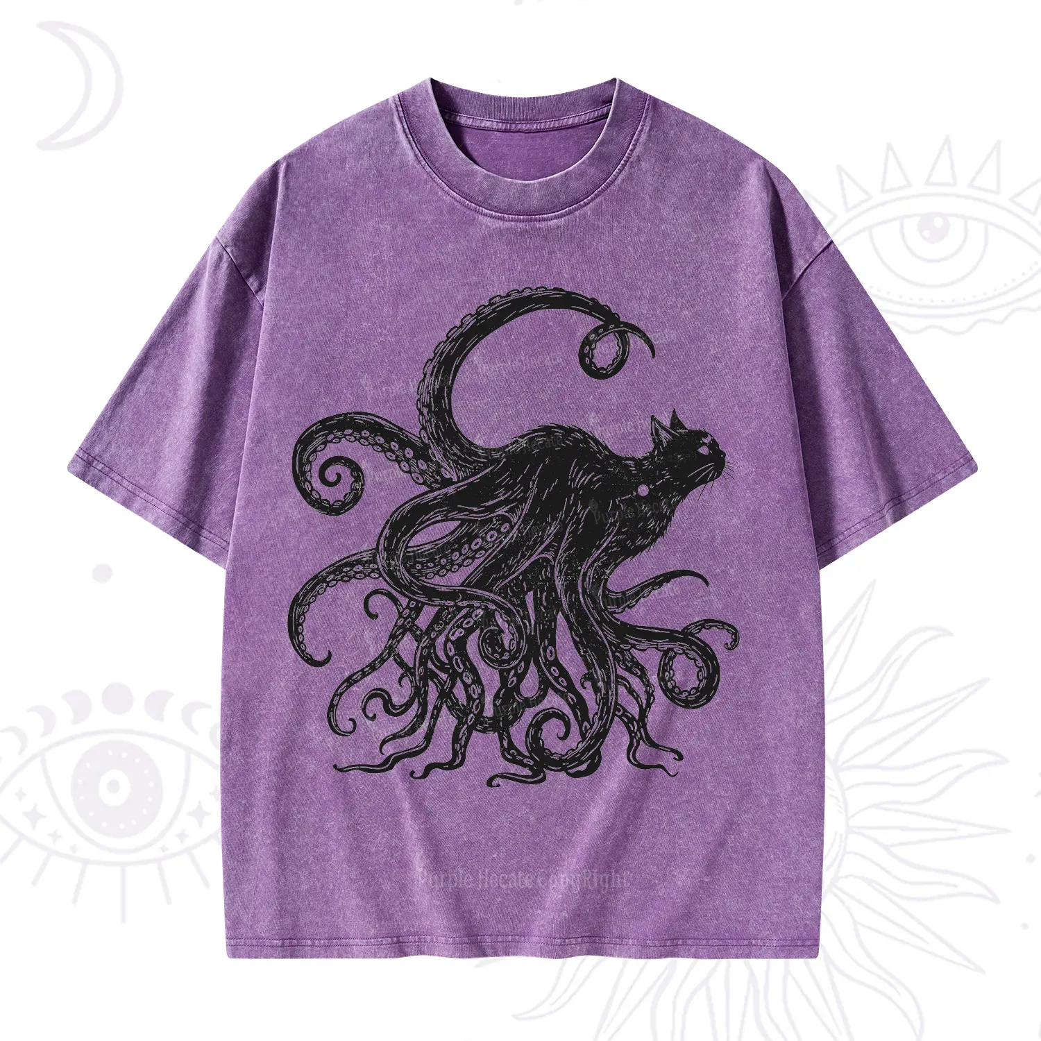 Purplehecate Black Cat with Octopus Tentacles Washed T-Shirt