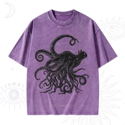 Purplehecate Black Cat with Octopus Tentacles Washed T-Shirt