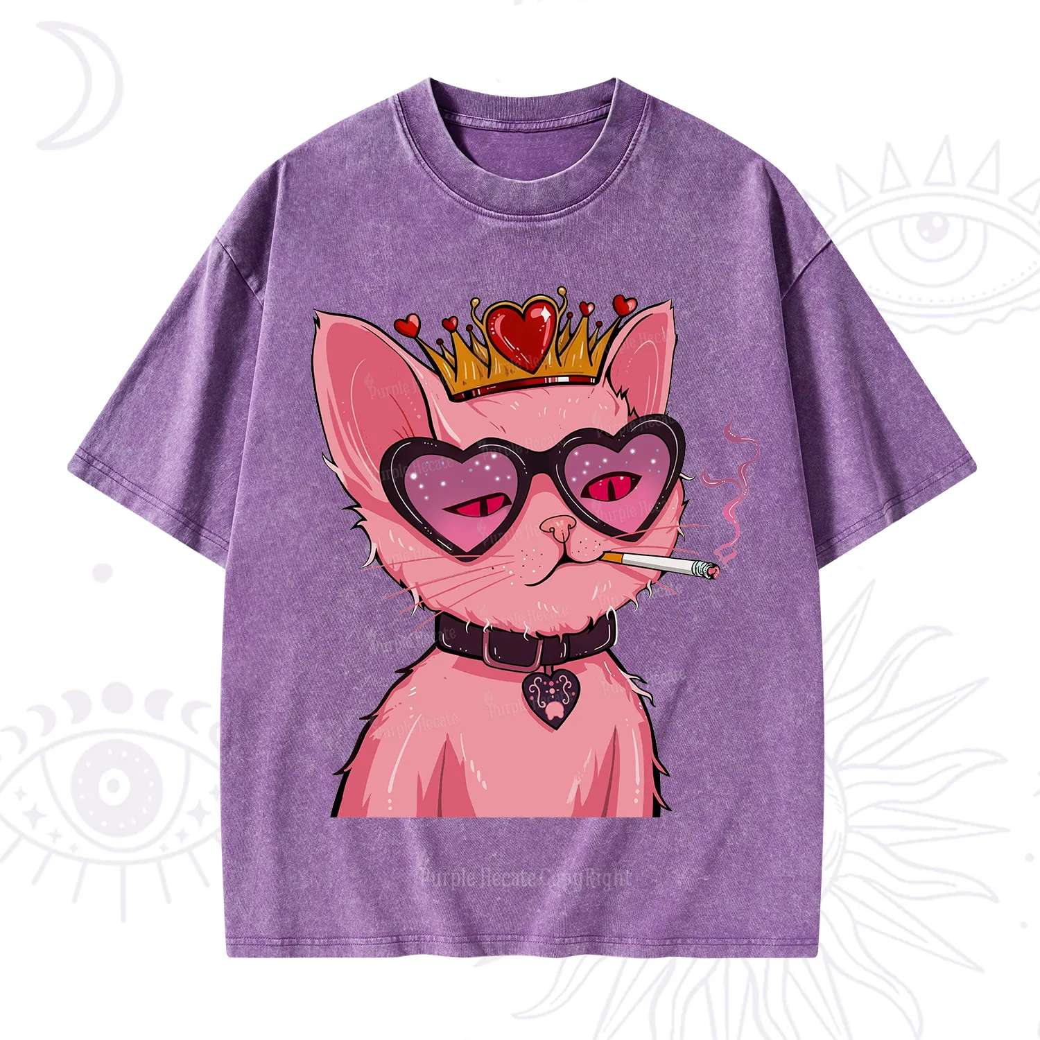 Purplehecate Bad Attitude Pink Cat Smoking Queen Washed T-Shirt