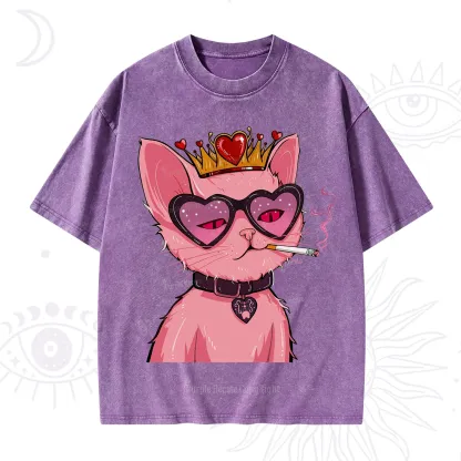 Purplehecate Bad Attitude Pink Cat Smoking Queen Washed T-Shirt