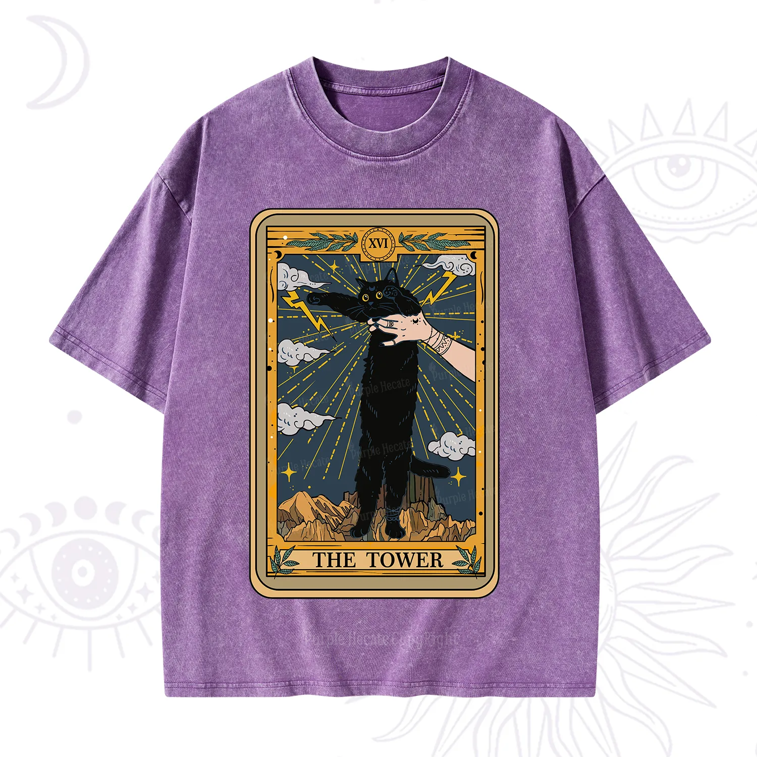 Purplehecate The Tower Cats Tarot Washed T-Shirt