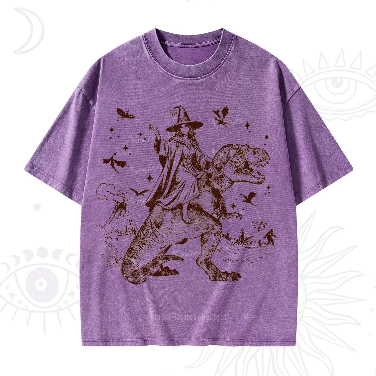 Purplehecate Witch Riding Dino Washed T-Shirt