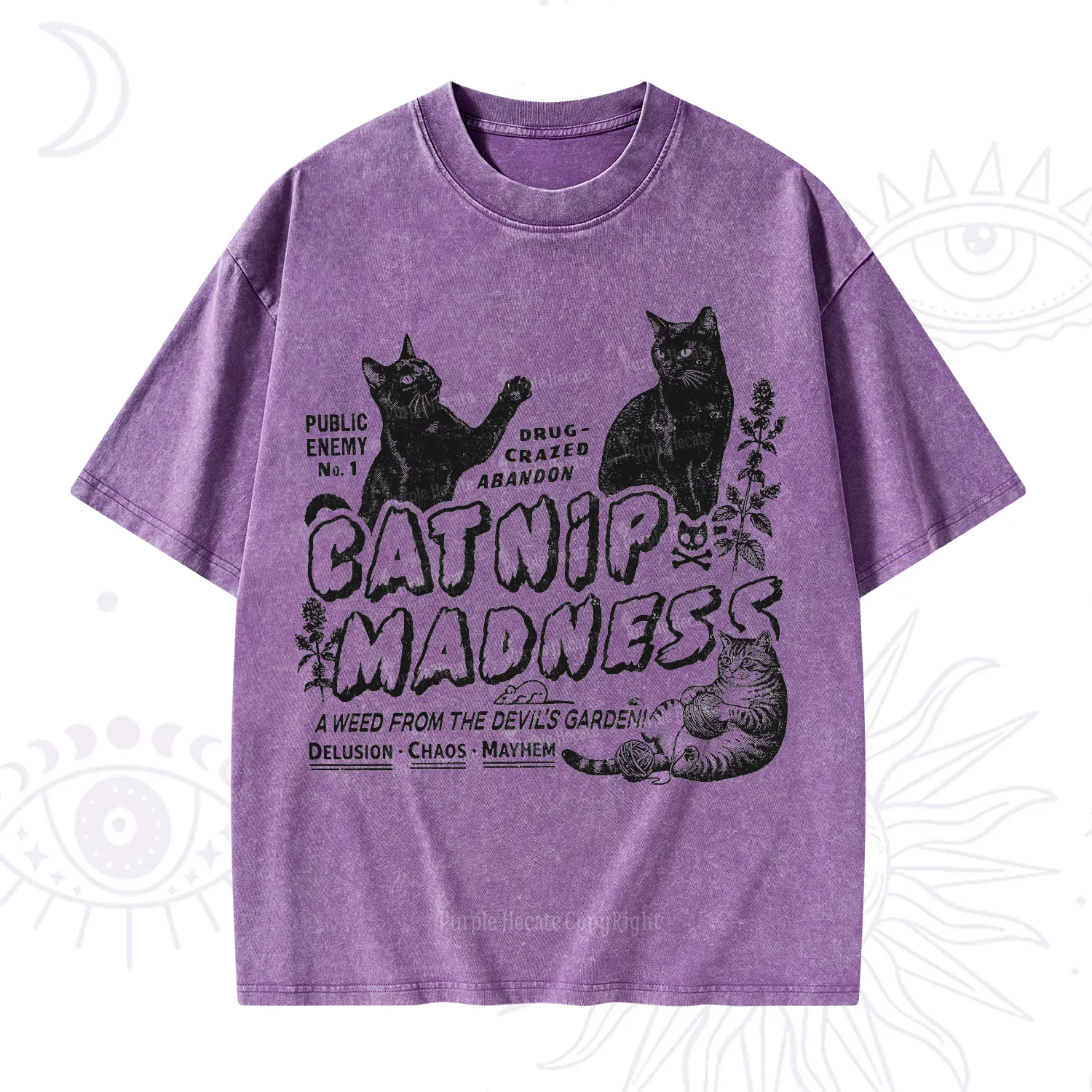 Purplehecate Catnip Madness Cute Cat Washed T-Shirt