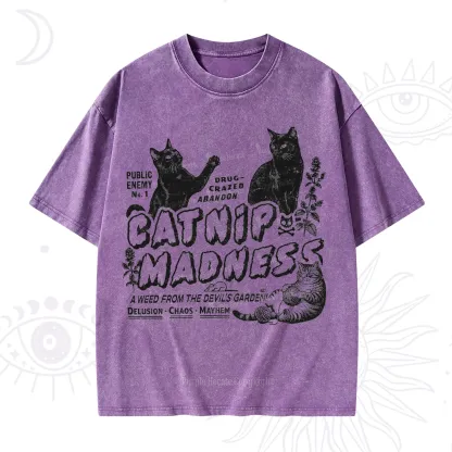 Purplehecate Catnip Madness Cute Cat Washed T-Shirt