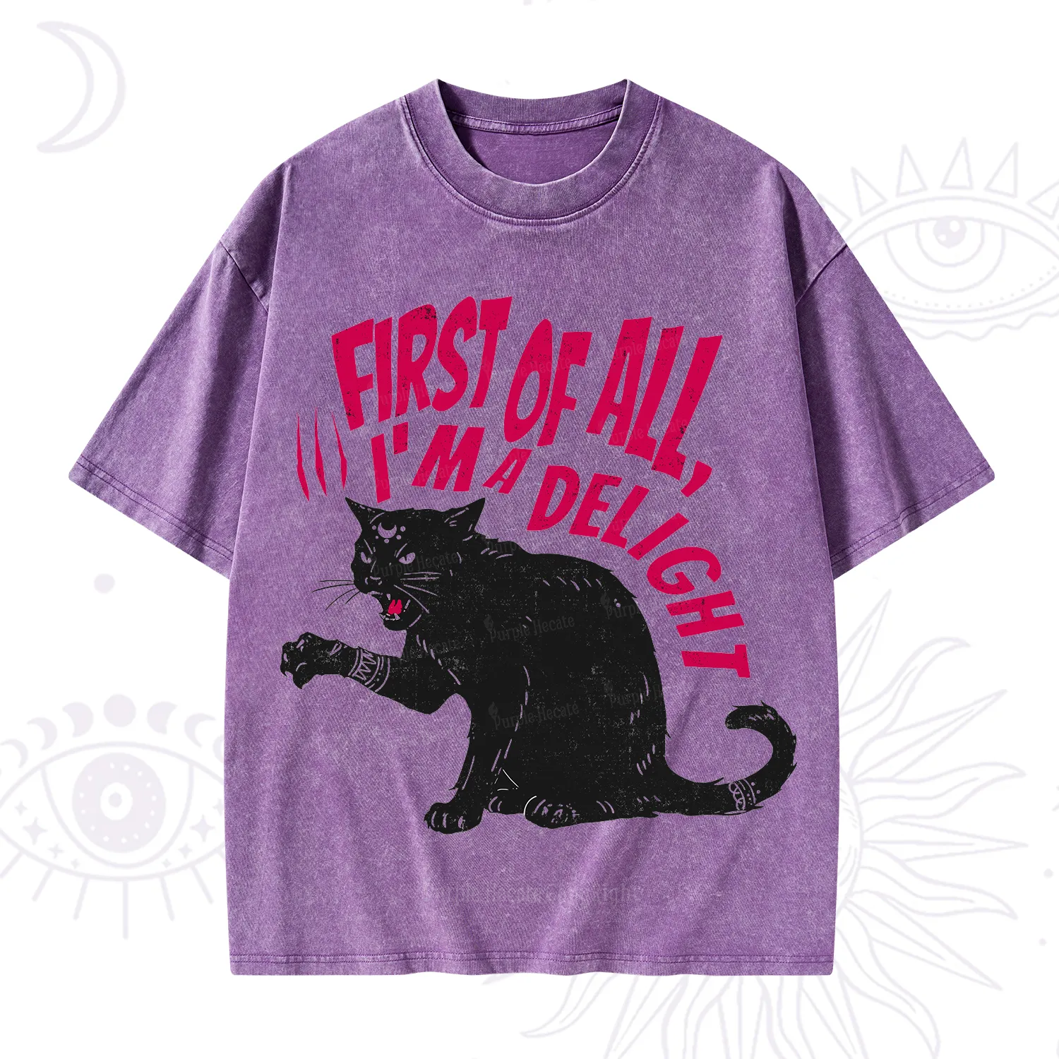Purplehecate First Of All I'm A Delight Cat Washed T-Shirt