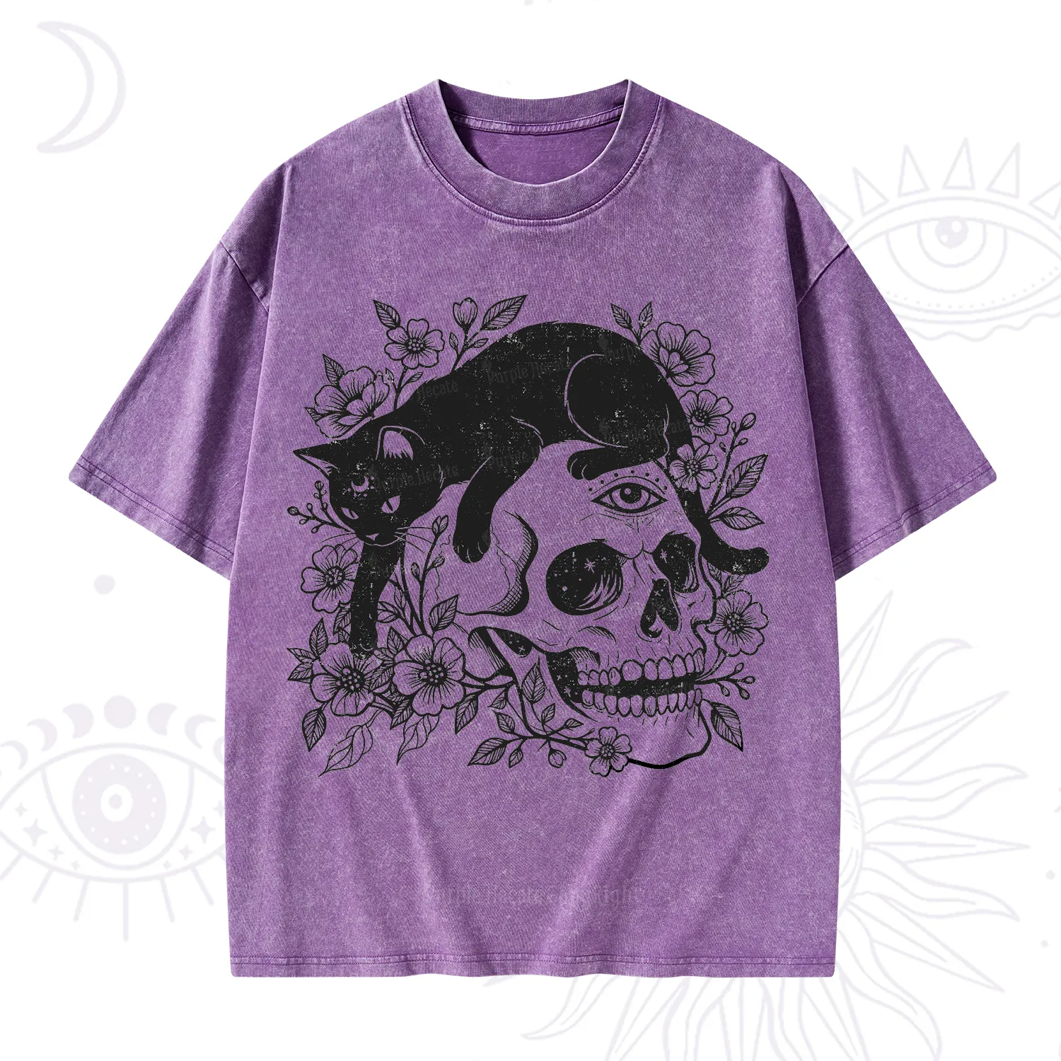 Purplehecate Black Cats In A Skull Washed T-Shirt