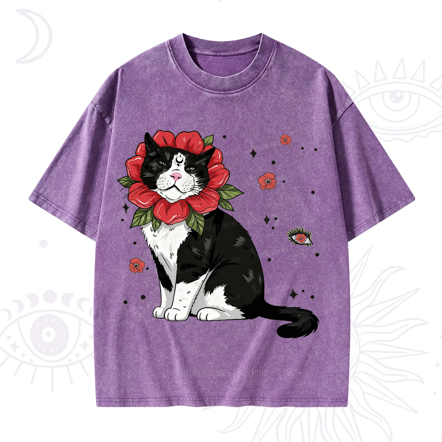Purplehecate Cat in Flower Crown Washed T-Shirt