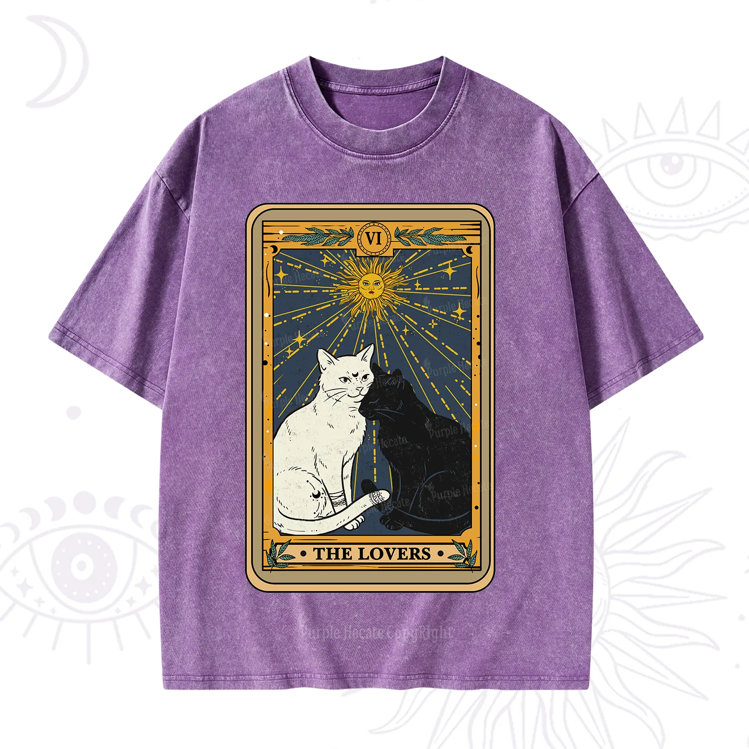 Purplehecate The Lovers Cat Tarot Card Washed T-Shirt