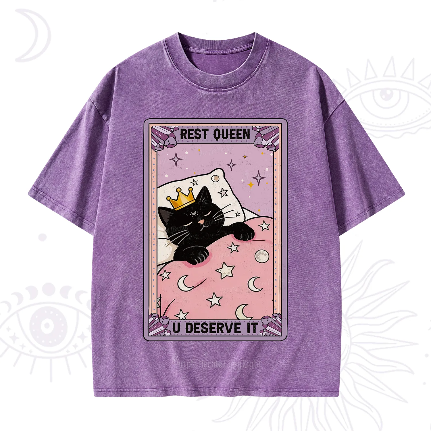 Purplehecate The Rest Queen Cat Tarot Washed T-Shirt
