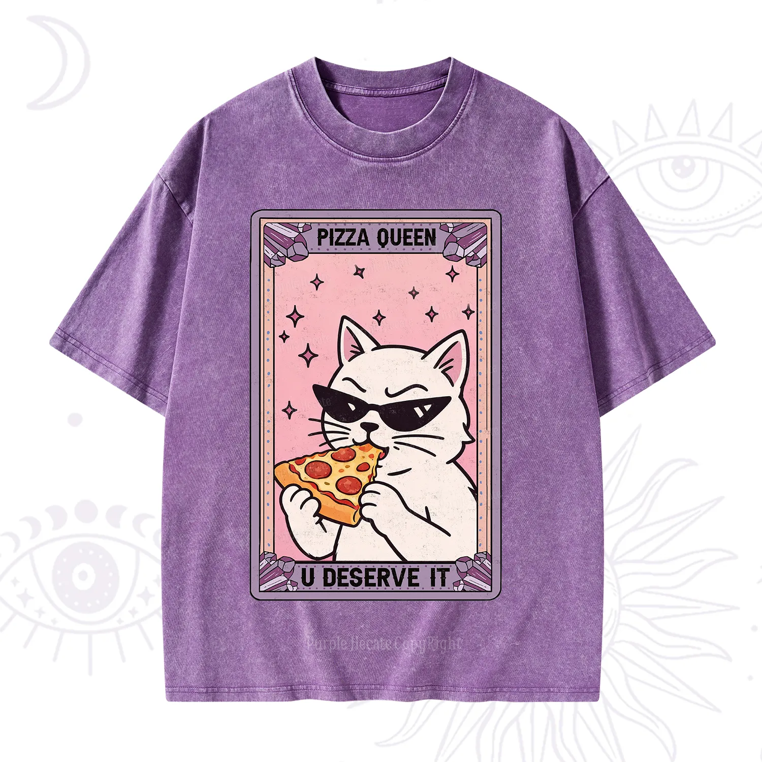 Purplehecate The Pizza Queen Cat Tarot Washed T-Shirt