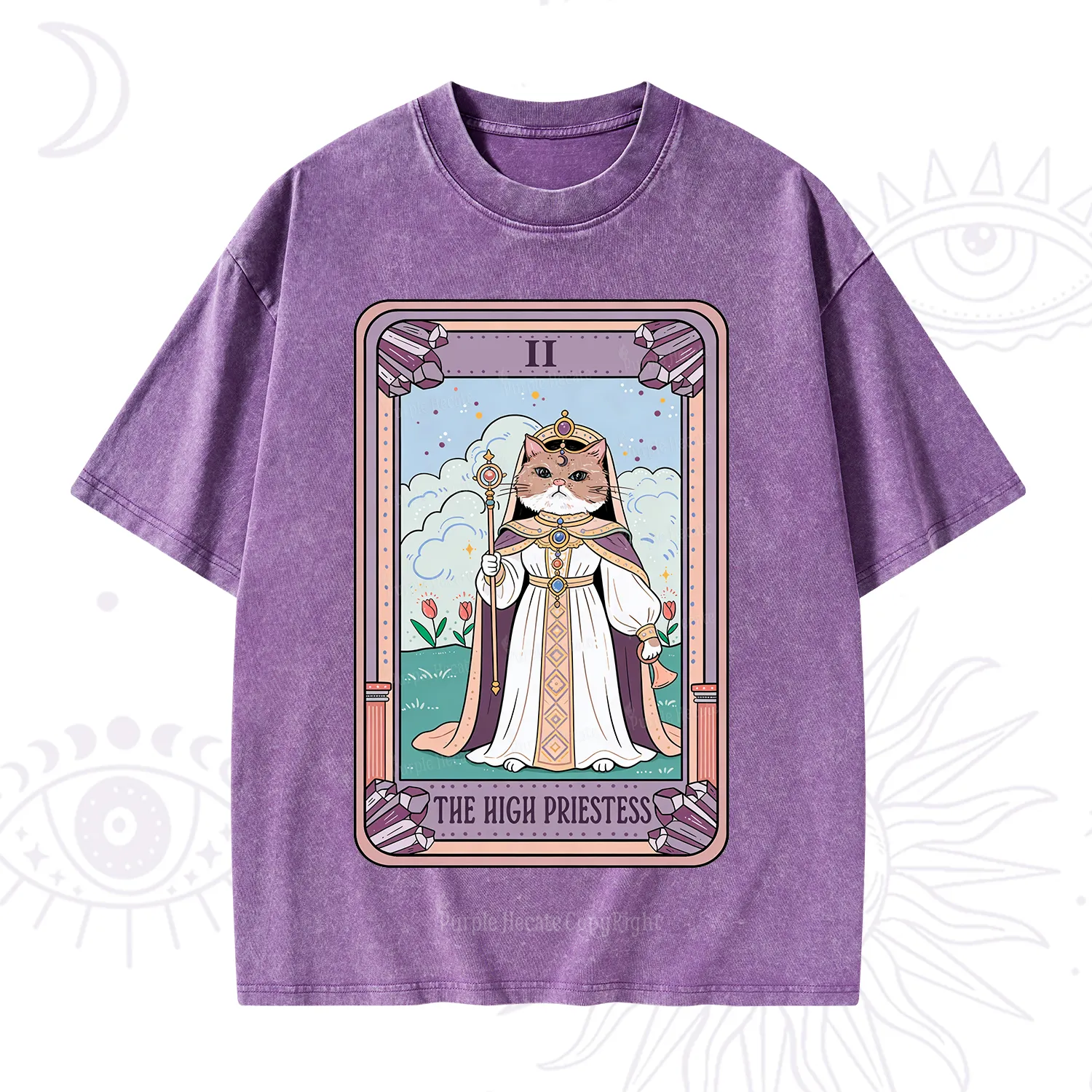 Purplehecate The High Priestess Cat Tarot Washed T-Shirt