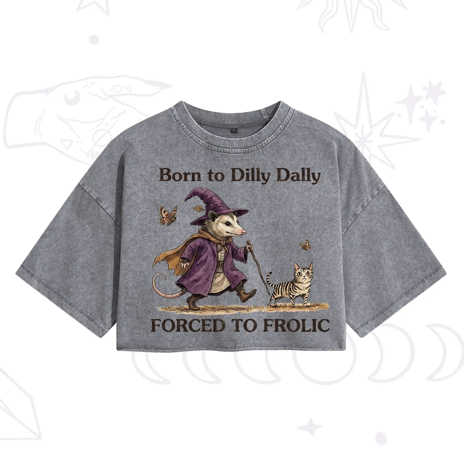 Purplehecate Born to Dilly Dally Forced to Frolic Opossum Washed Cropped T-Shirt