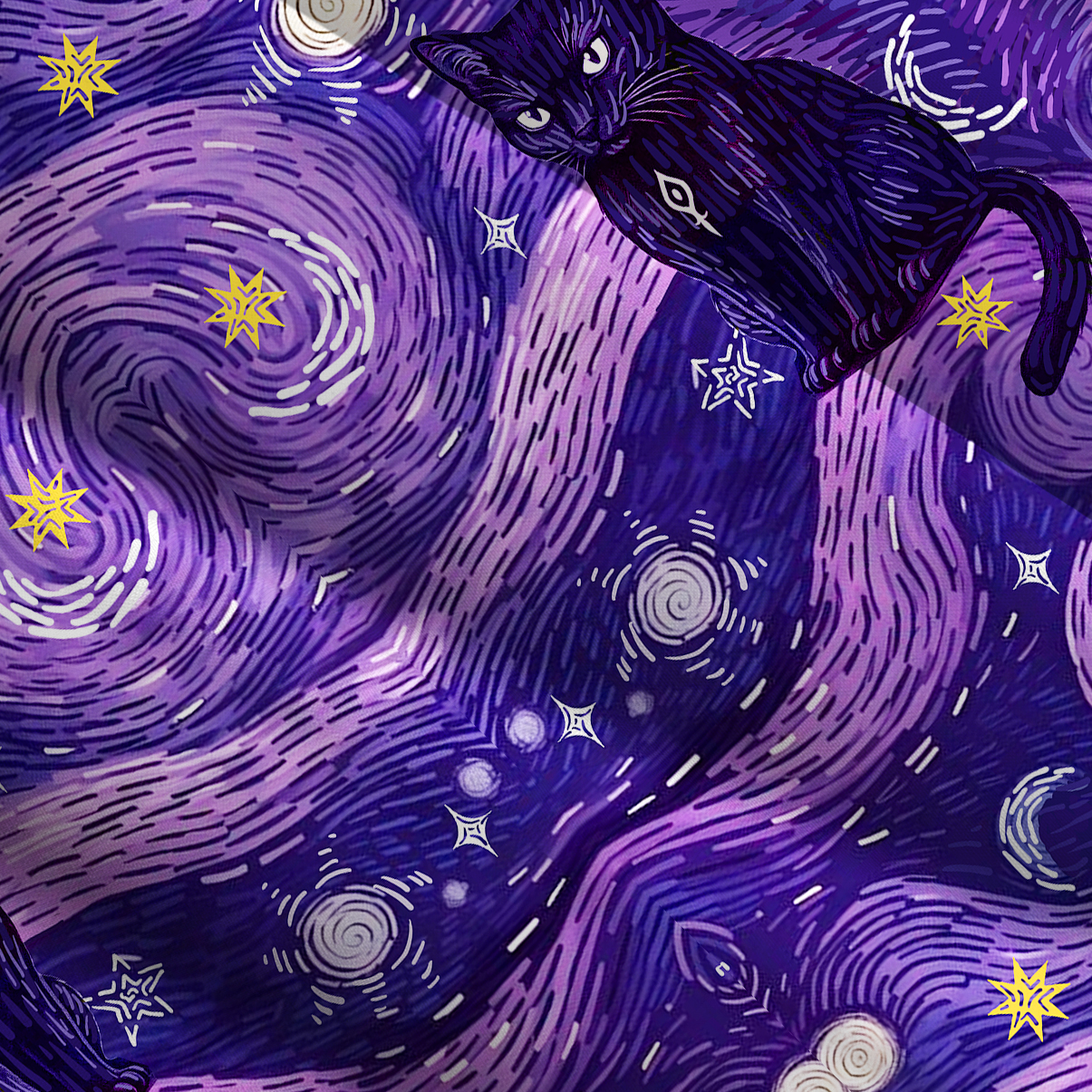 Purplehecate Mystic Cat Beneath the Cosmic Veil Wide Straps Maxi Dress