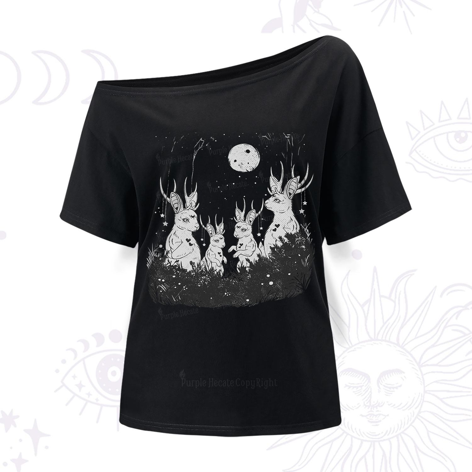 Purplehecate Moonlit Antler Bunny One Shoulder T-Shirt