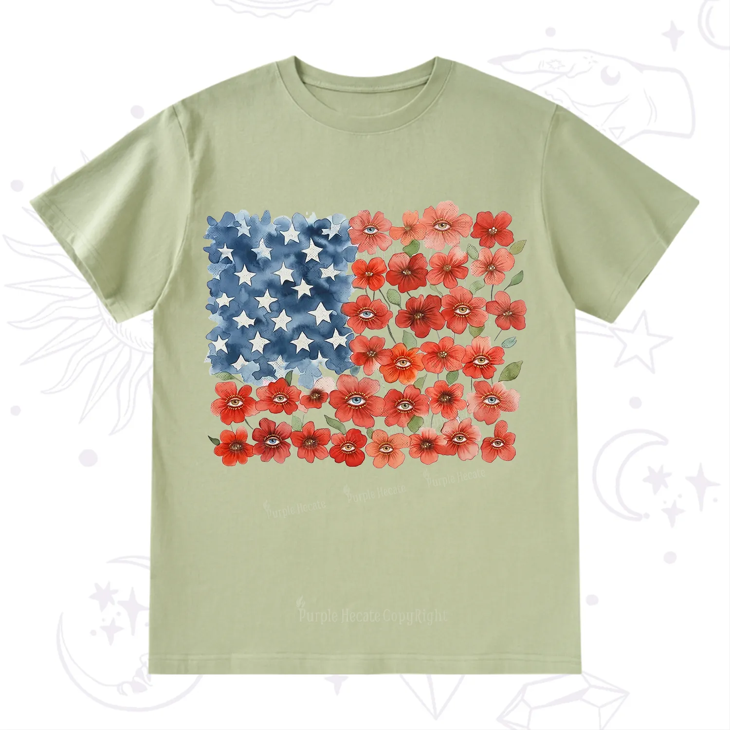 Purplehecate Floral Watercolor American Flag T-Shirt