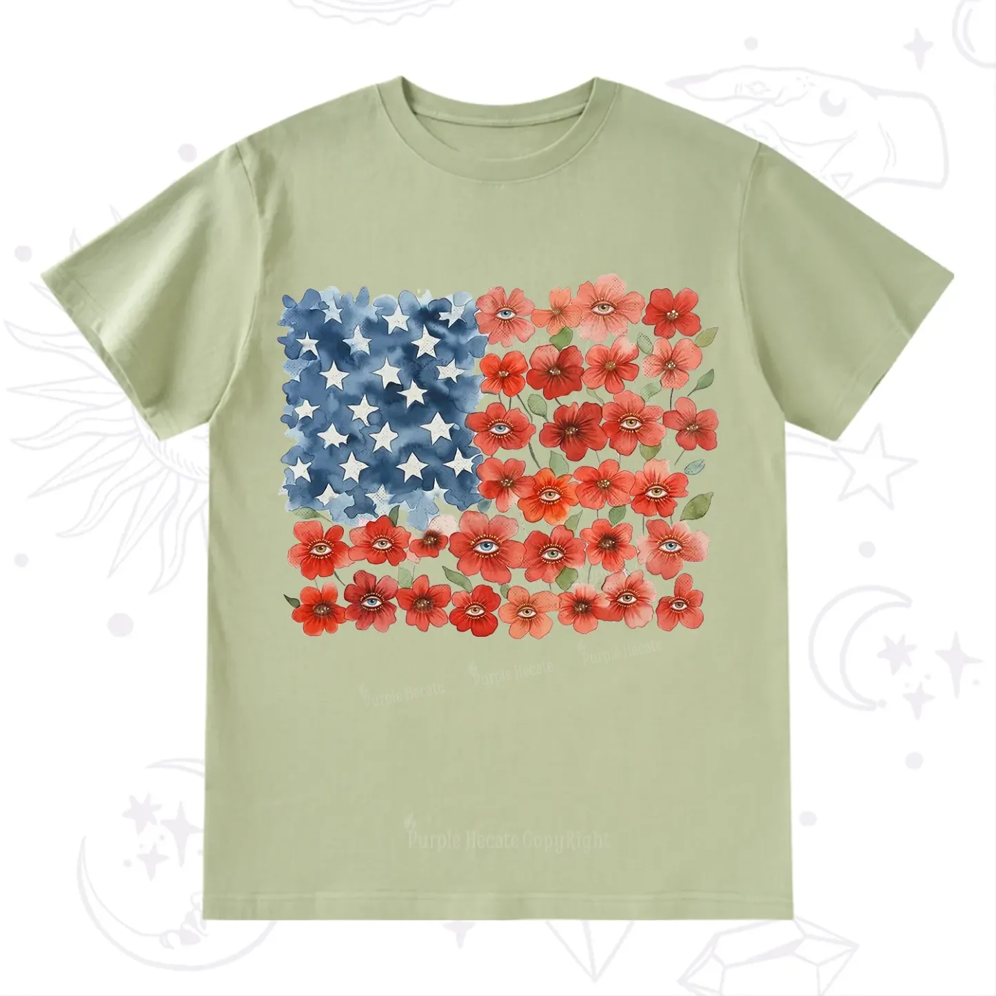 Purplehecate Floral Watercolor American Flag T-Shirt