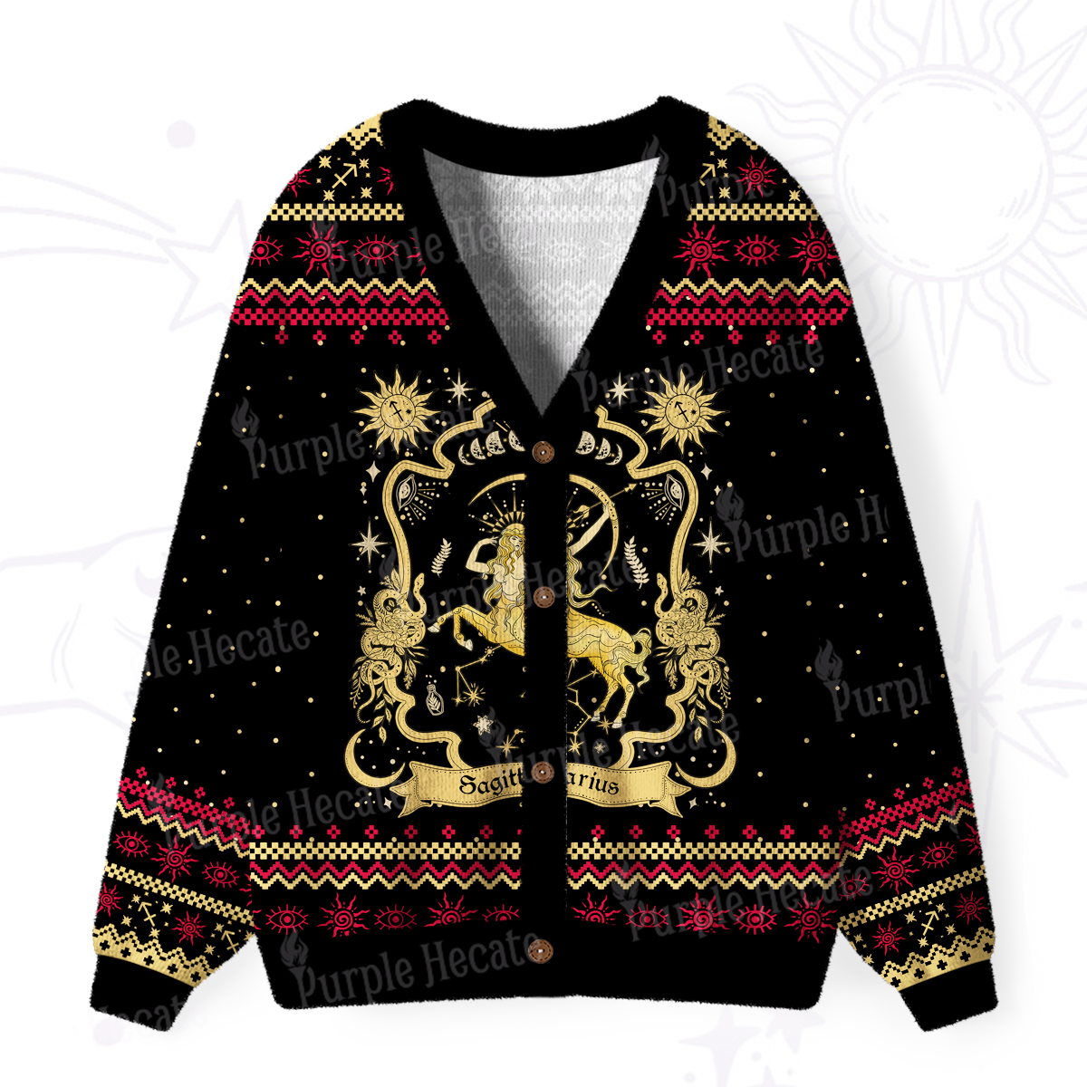 Purplehecate Sagittarius' Astral Mirage Zodiac Ugly Cardigan Sweaters