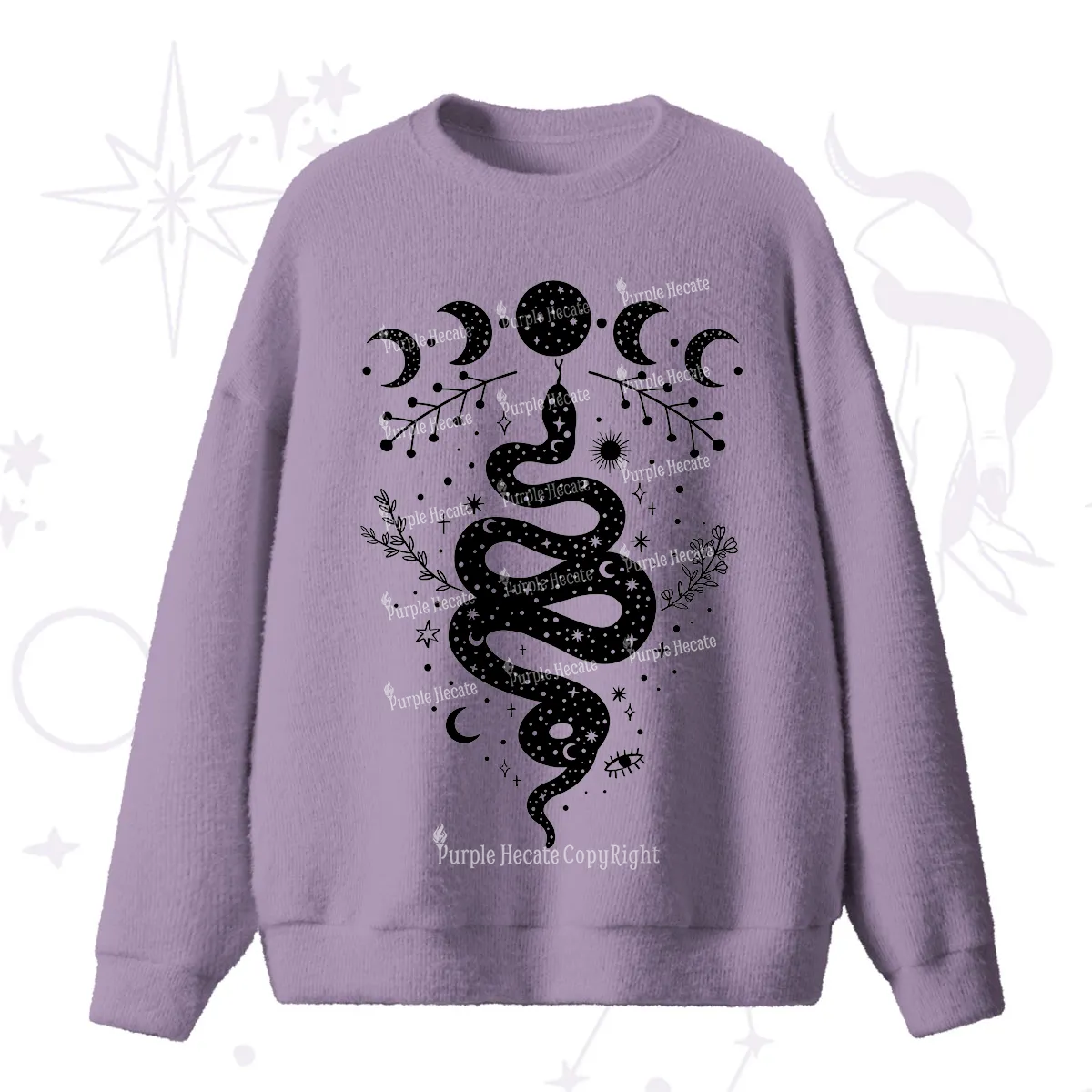 Purplehecate Snake And Moon Phase Comfort Fuzzy Ugly Sweater