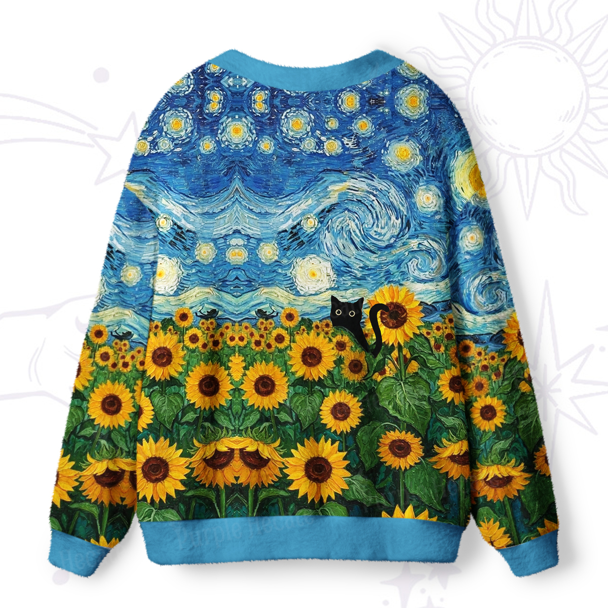 Purplehecate Starry Night Sunflower Black Cat Ugly Cardigan Sweaters
