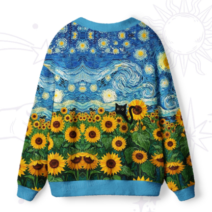 Purplehecate Starry Night Sunflower Black Cat Ugly Cardigan Sweaters