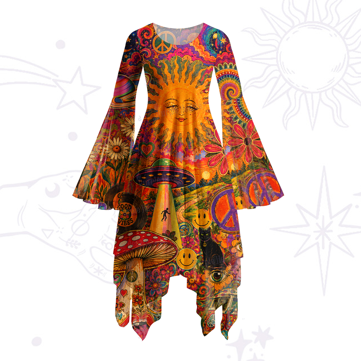 Purplehecate Psychedelic Sun Alien Trip Bell Sleeve Dress