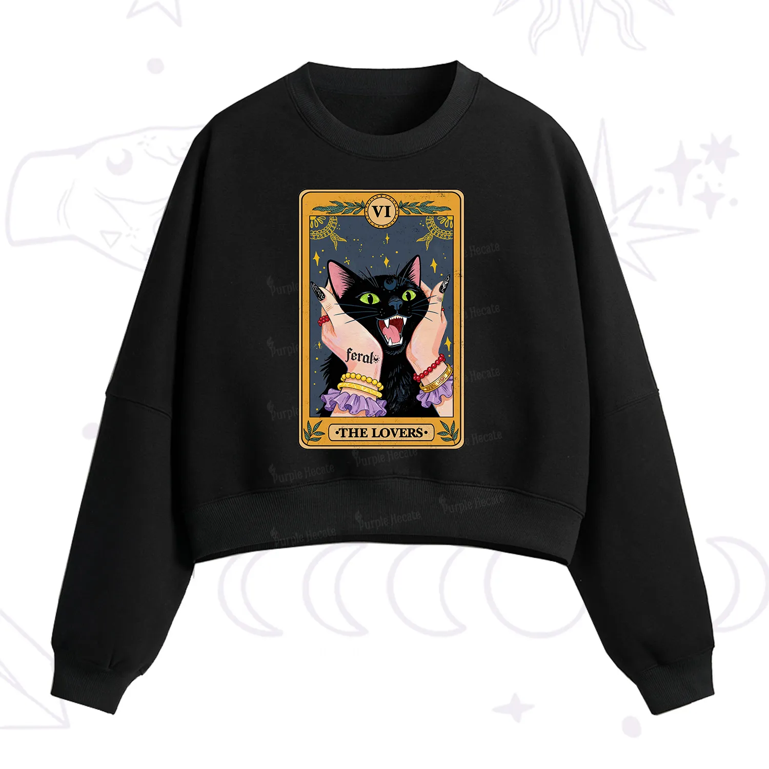 Purplehecate The Lovers Tarot Feral Cat Fleece Cropped Sweatshirt