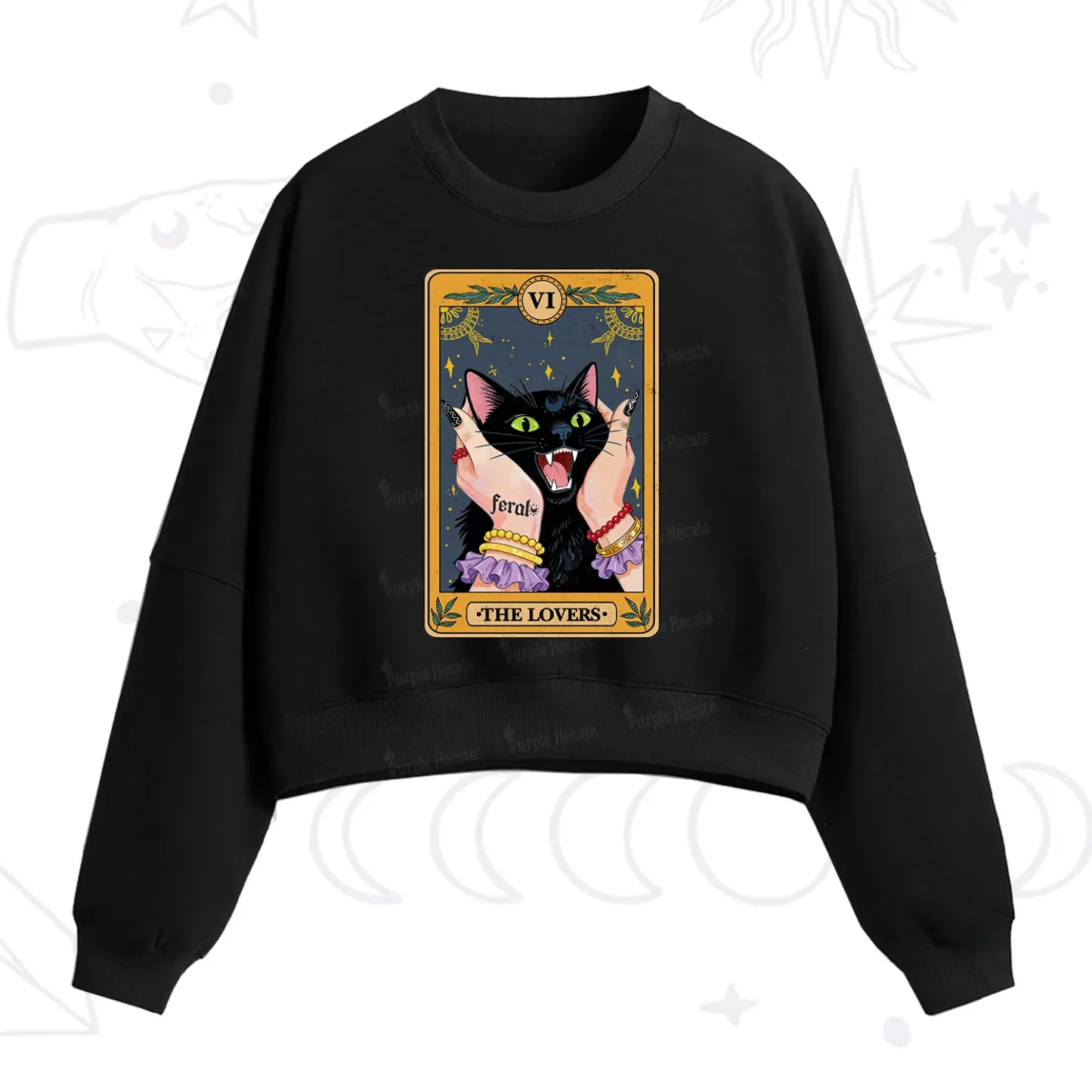 Purplehecate The Lovers Tarot Feral Cat Fleece Cropped Sweatshirt