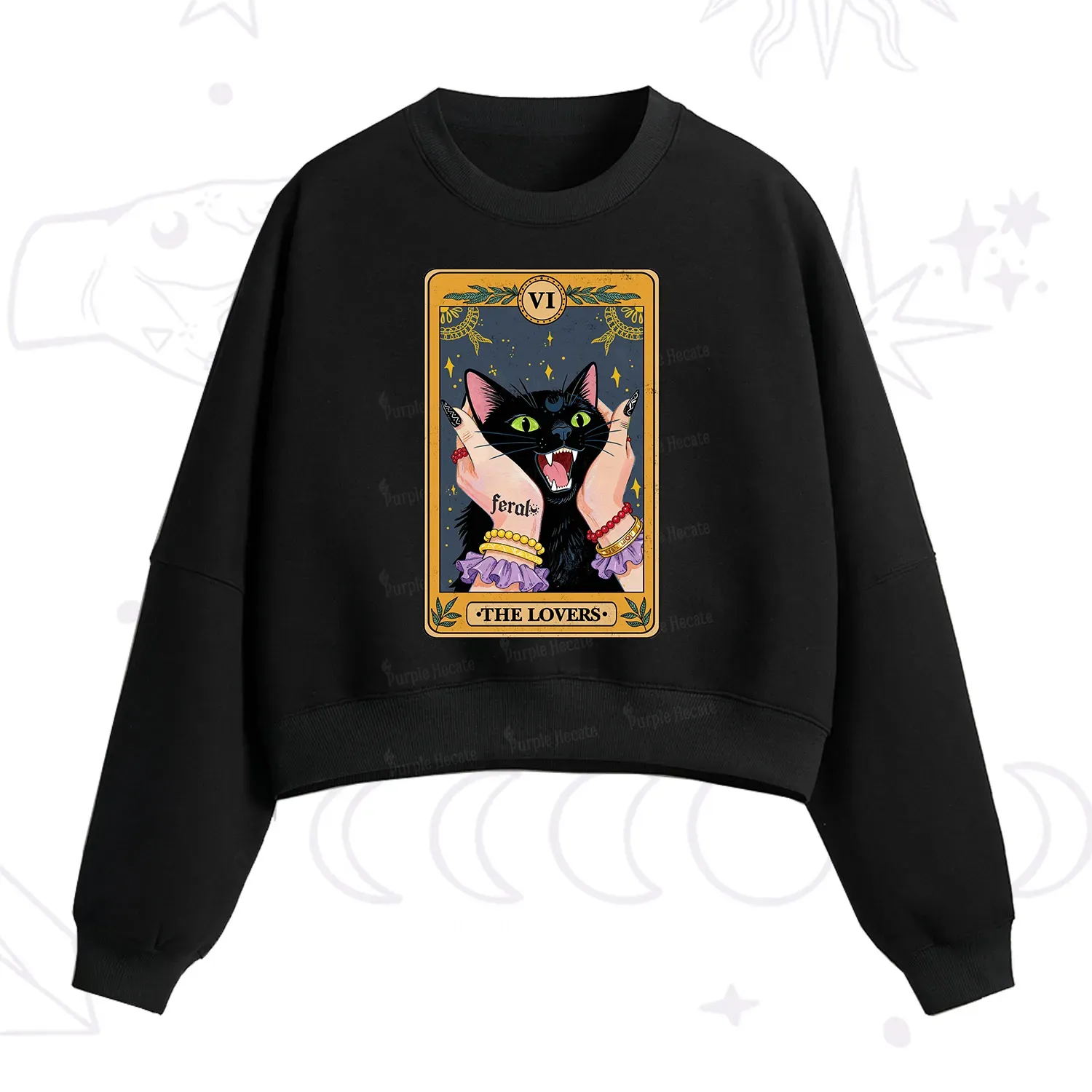 Purplehecate The Lovers Tarot Feral Cat Fleece Cropped Sweatshirt