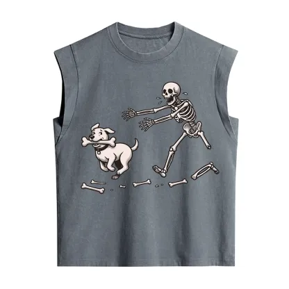 Purplehecate Halloween Skeleton Chasing Dog Vintage Washed Tank