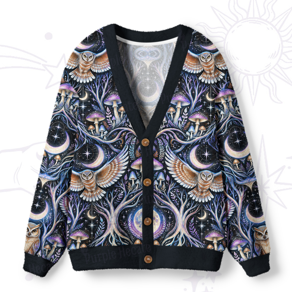 Purplehecate Starry Moon Forest Owl Ugly Cardigan Sweaters