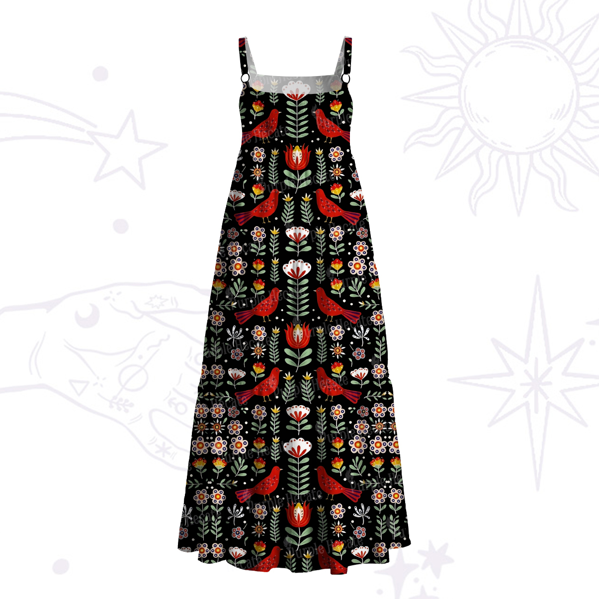 Purplehecate Mystic Forest Bird Wide Straps Maxi Dress