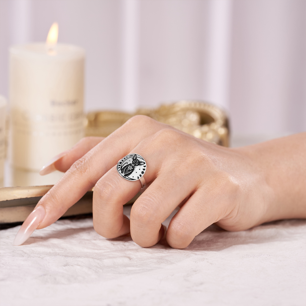 Purplehecate Moon Phase Cat Sterling Silver Ring