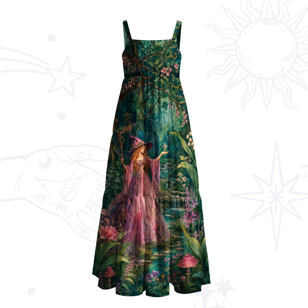 Purplehecate Magical Forest Fairy Witch Wide Straps Maxi Dress