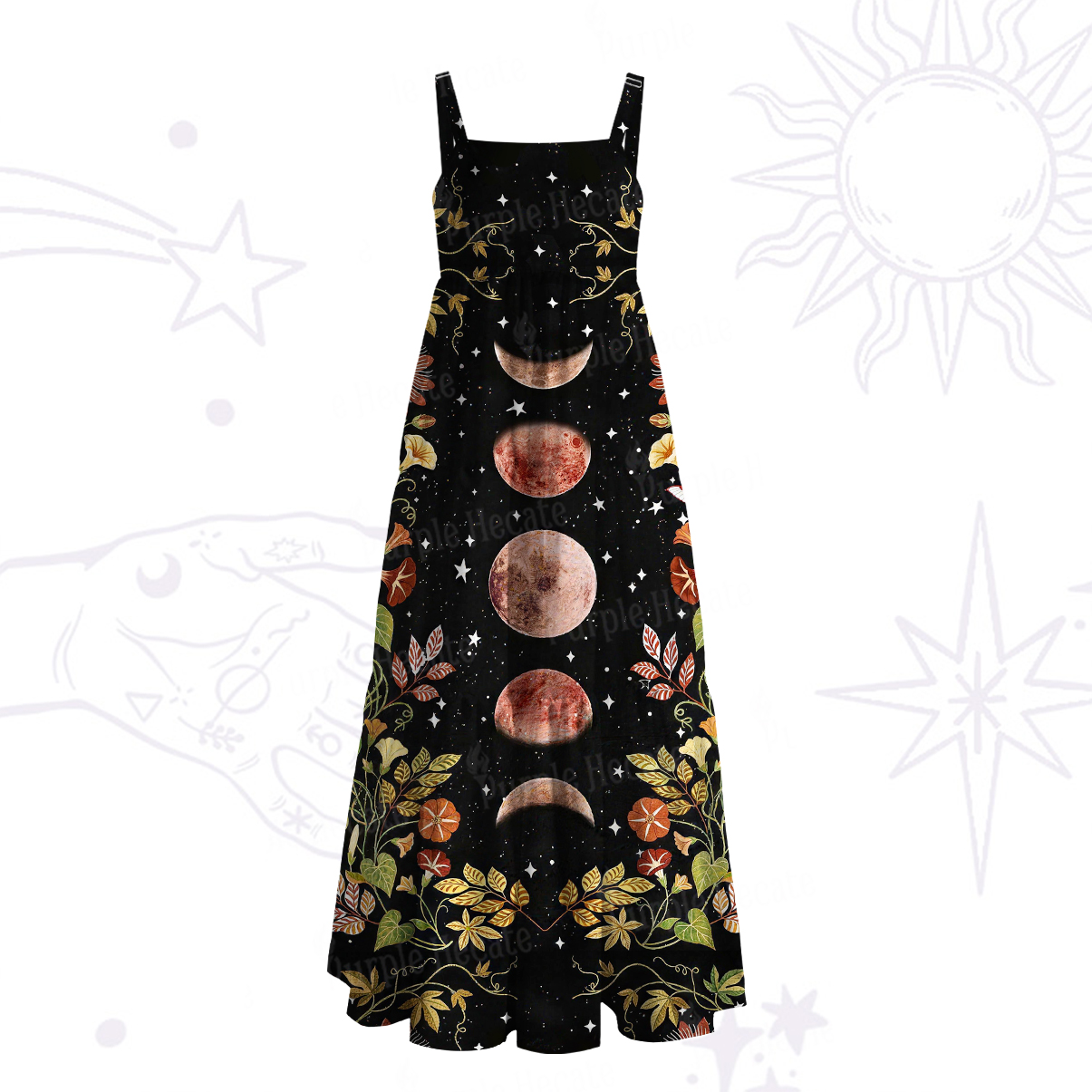 Purplehecate Moon Phase Floral Wide Straps Maxi Dress