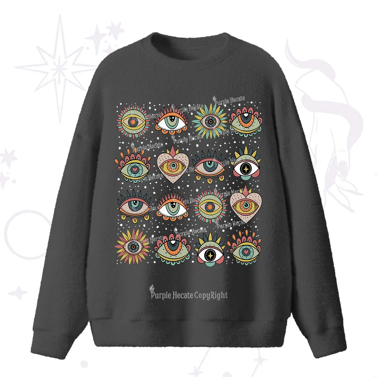 Purplehecate Mystical Evil Eye Pattern Fuzzy Ugly Sweater