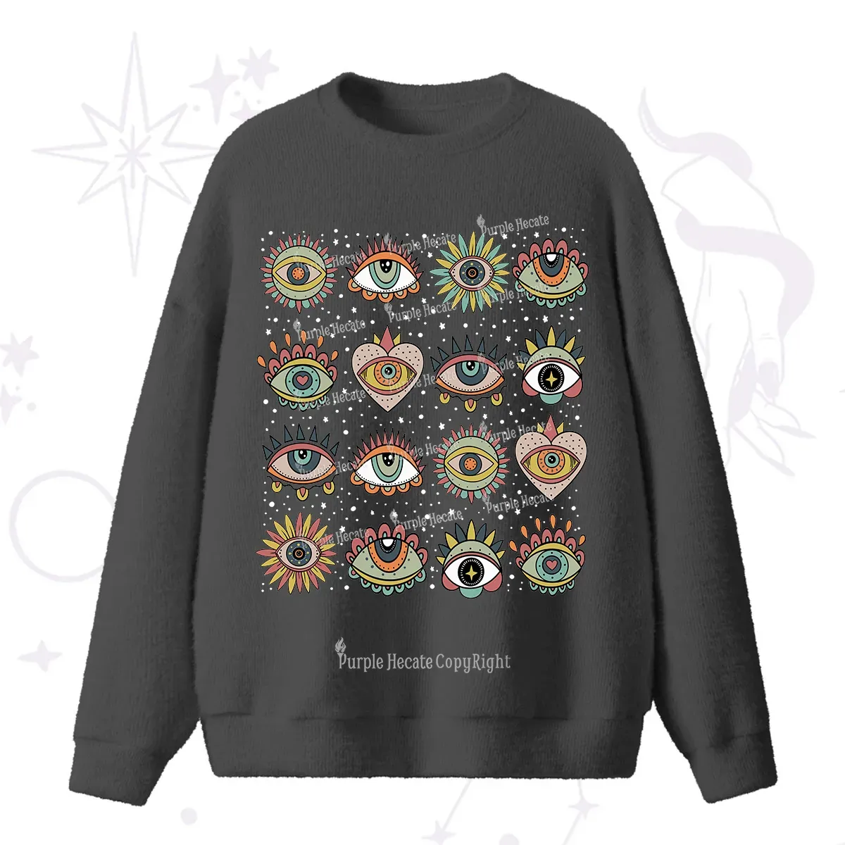 Purplehecate Mystical Evil Eye Pattern Fuzzy Ugly Sweater