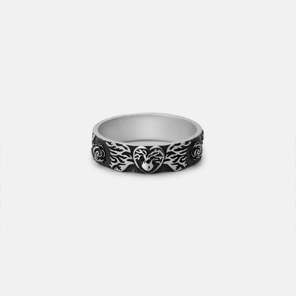 Purplehecate Flaming Heart and Rose Sterling Silver Ring