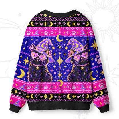 Purplehecate Vintage Witchcraft Cat with Heart Glasses Ugly Cardigan Sweaters