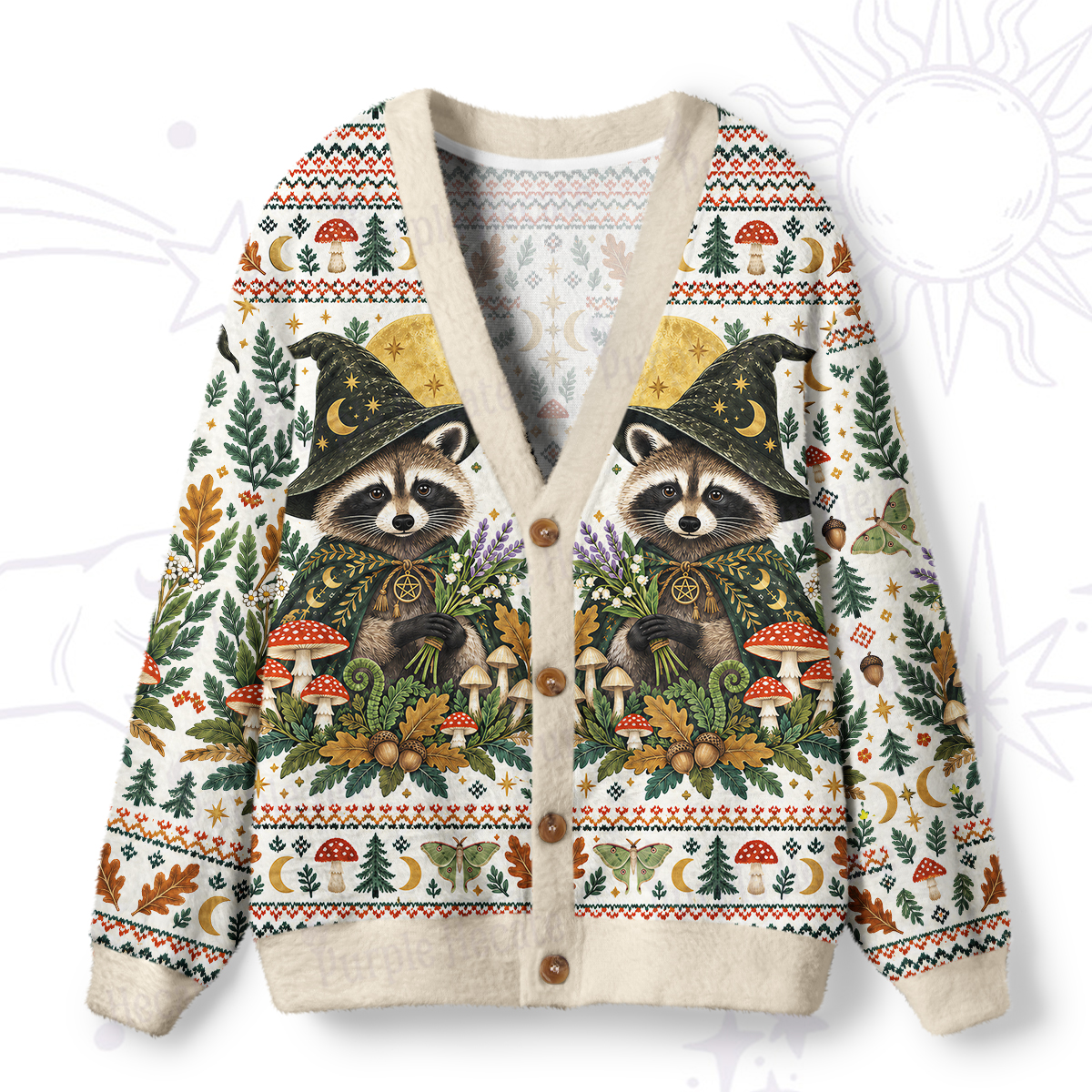Purplehecate Forest Wizard Raccoon Ugly Cardigan Sweaters